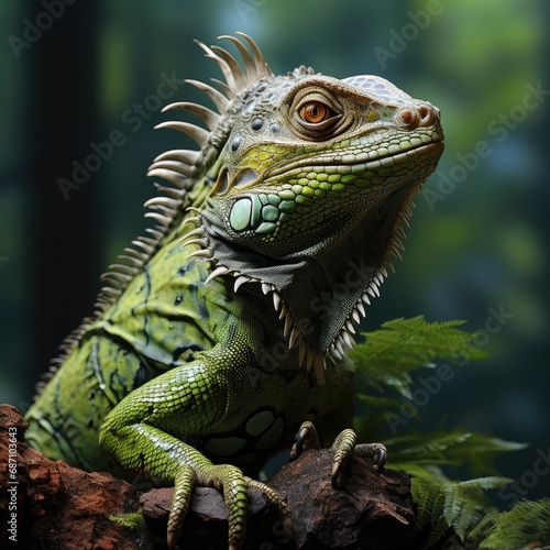 A large green reptile iguana sits on a tree branch against the background of the jungle. Close-up of a lizard.