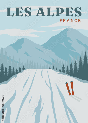 travel ski in les alpes poster vintage vector illustration design. national park in france vintage poster.