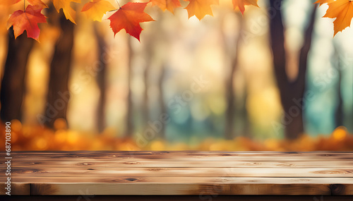 Empty wooden table on abstract autumn background for product presentation - space for a montage showing the product.