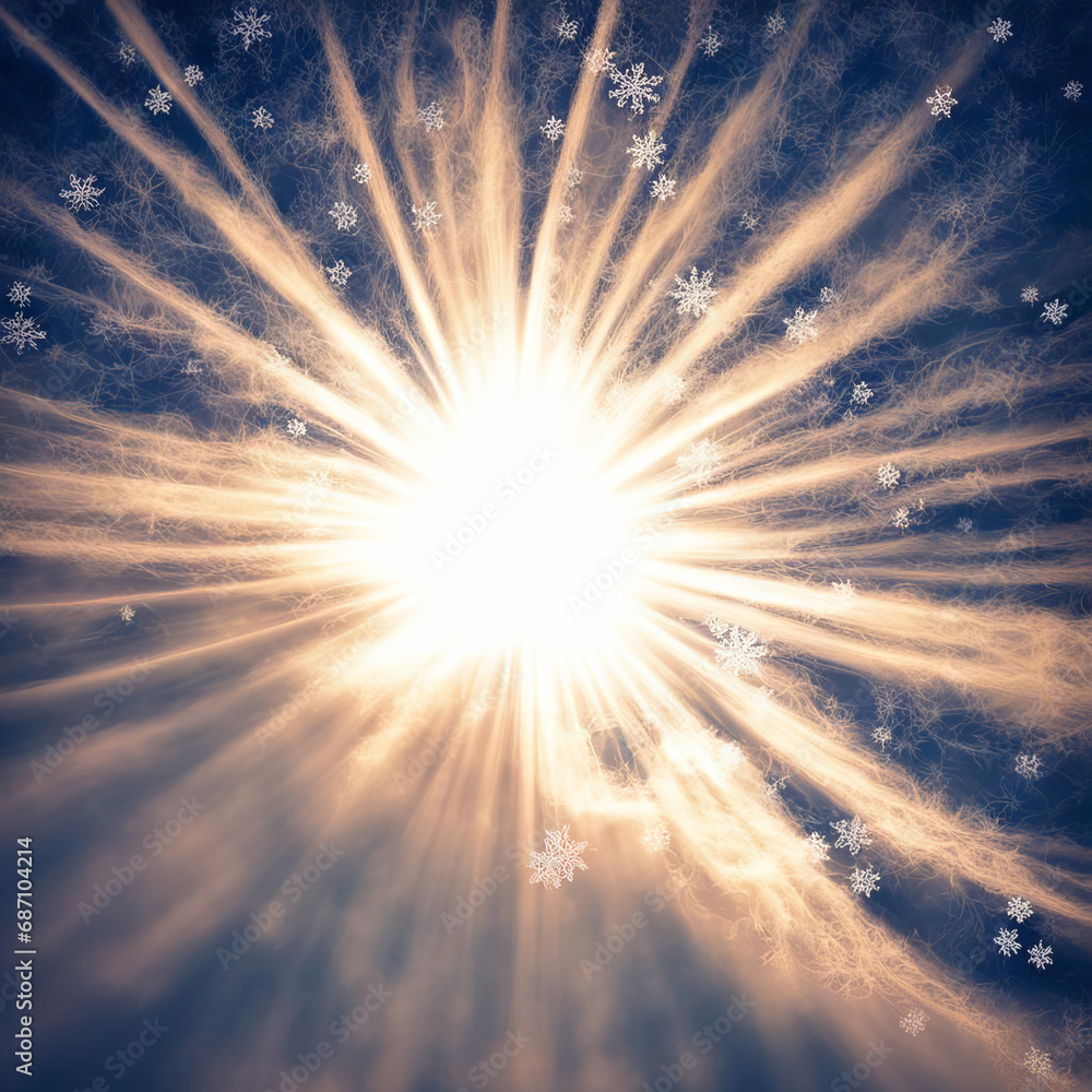 Sun rays through snowflakes.