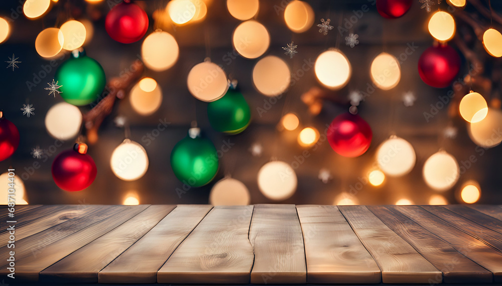 Empty wooden table on abstract winter background for product presentation - space for a montage showing the product. Empty wooden table on abstract winter background for product presentation - space for a montage showing the product.