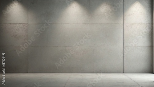 Modern concrete wall with spotlight effects casting triangular shadows on a smooth surface