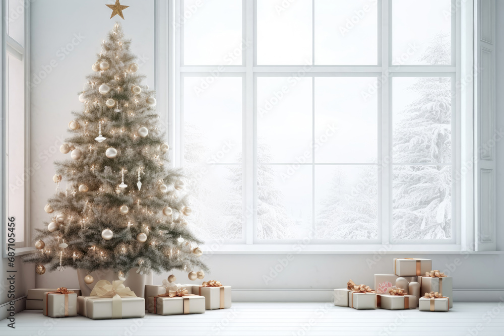 Minimalist white interior with windows and a Christmas tree