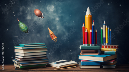 Back To School-Books And Pencils With Rocket