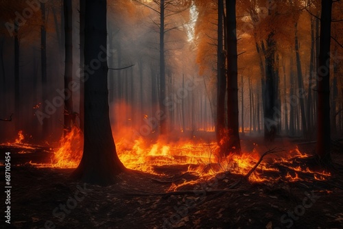 A forest fire ravages the landscape, depicting the alarming consequences of deteriorating ecology, rising temperatures, burning forests, peat fires, diminishing greenery, and climate change impacts. photo