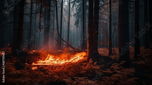 A forest fire ravages the landscape, depicting the alarming consequences of deteriorating ecology, rising temperatures, burning forests, peat fires, diminishing greenery, and climate change impacts. photo