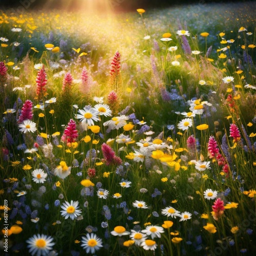 field of flowers and daisies in the light of sun © Fatima