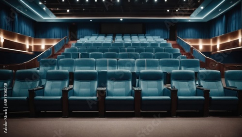 Empty cinema auditorium with rows of blue chairs and blue curtains