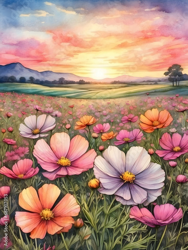 Watercolor illustration landscape of colorful cosmos flowers field with sunset view. Golden hour. Creative mobile wallpaper. 