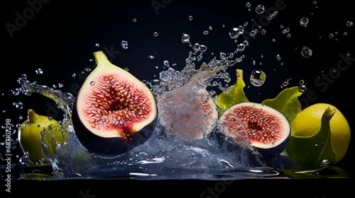 AI illustration of ripe figs with glistening water droplets rolling off the surface.