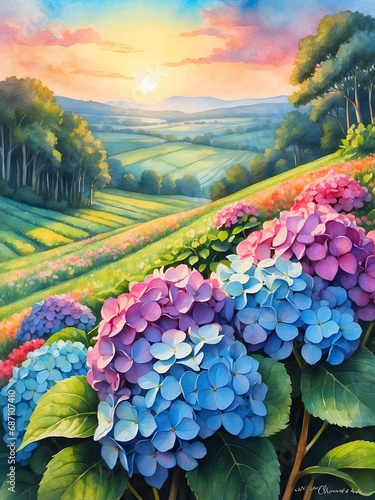 Watercolor illustration landscape of beautiful hydrangea flowers field with sunset view. Golden hour. Creative mobile wallpaper. 