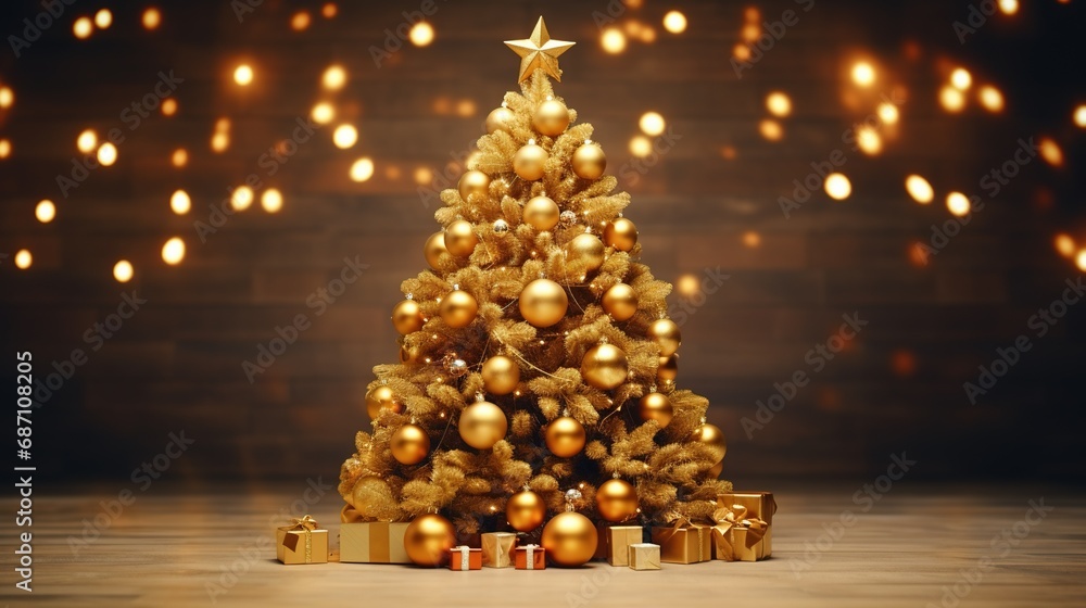 Beautifully decorated Christmas tree on sparkling blurred background. copy space.