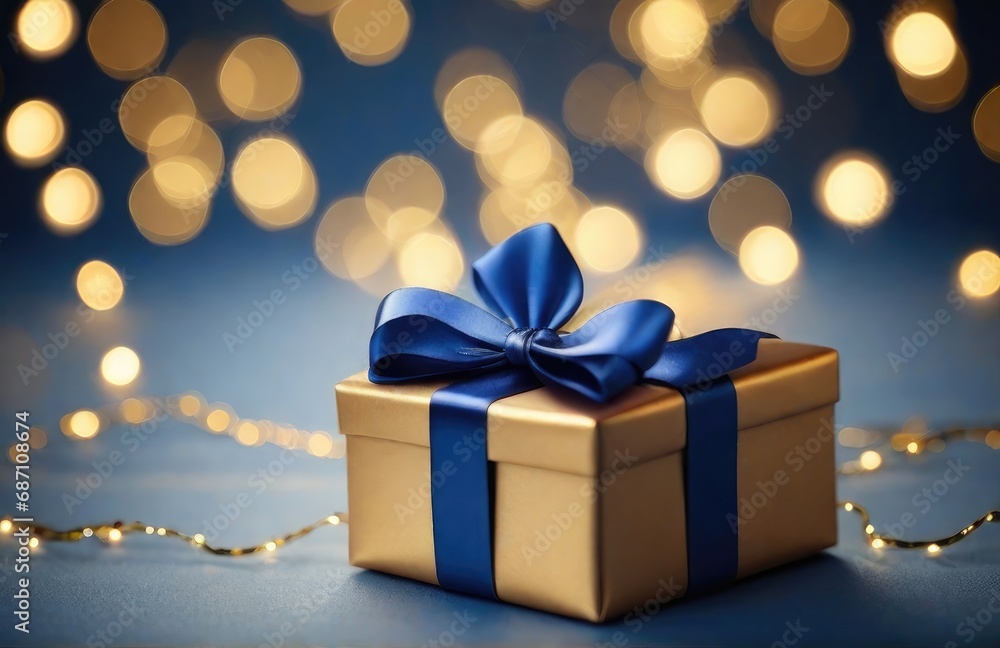 Christmas gift box with golden bow and decoration on bokeh background Christmas gift box with golden bow and decoration on bokeh background