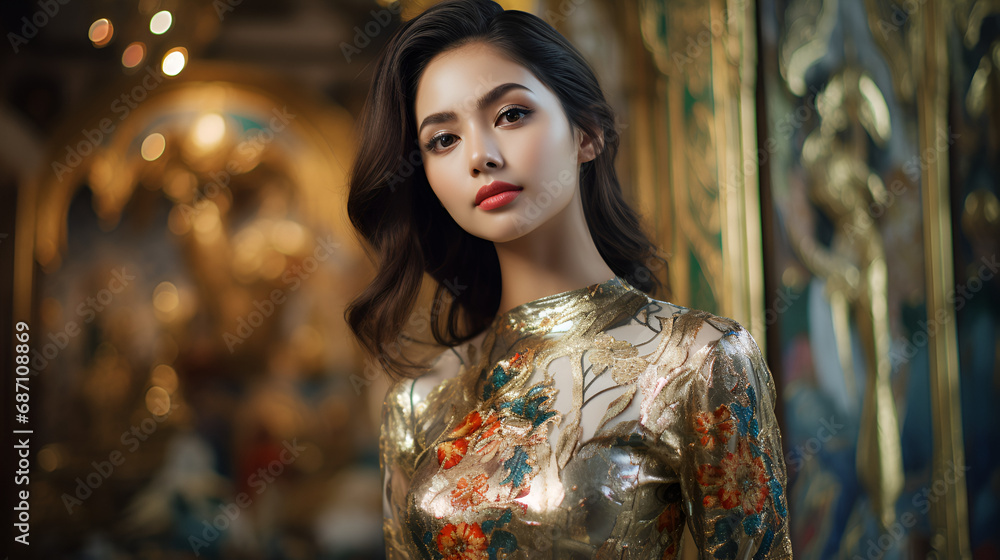 a Thai girl in her 20s, traditional, tight shiny metallic and floral dress