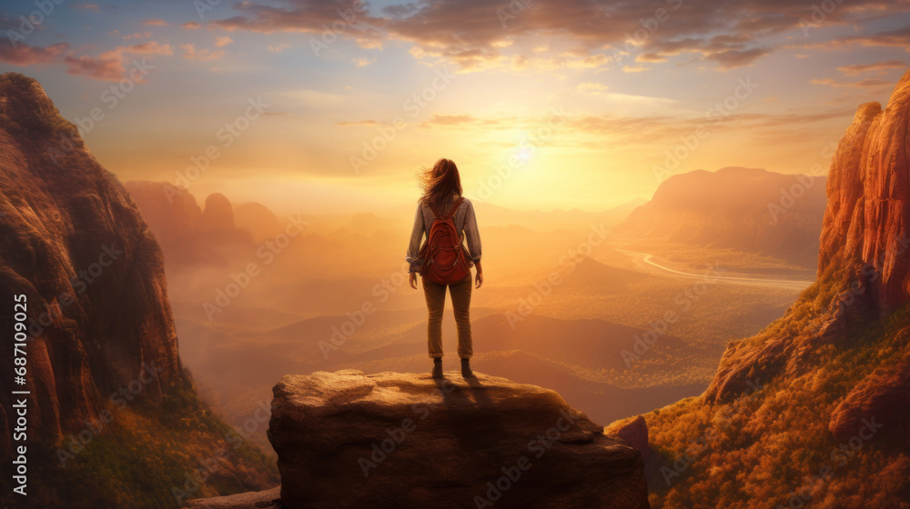 Young woman hiker with backpack standing on rock and looking at sunrise over a valley.
