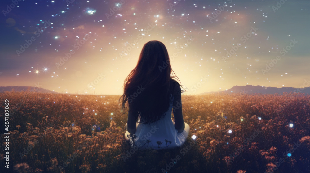 Young woman with long black hair sitting on the field and looking at starry sky Young woman with long black hair sitting on the field and looking at starry sky