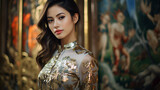a Thai girl in her 20s, traditional, tight shiny metallic and floral dress