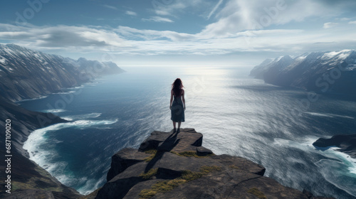 Woman standing on the edge of a cliff and looking at the sea