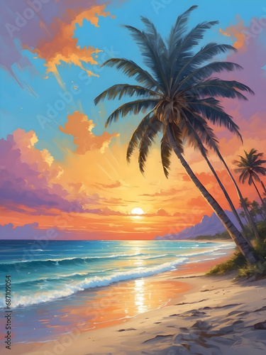  Watercolor illustration landscape of beautiful sunset at the beach with palm tree. Golden hour. Creative mobile wallpaper.  © Clip Arts Fusion 
