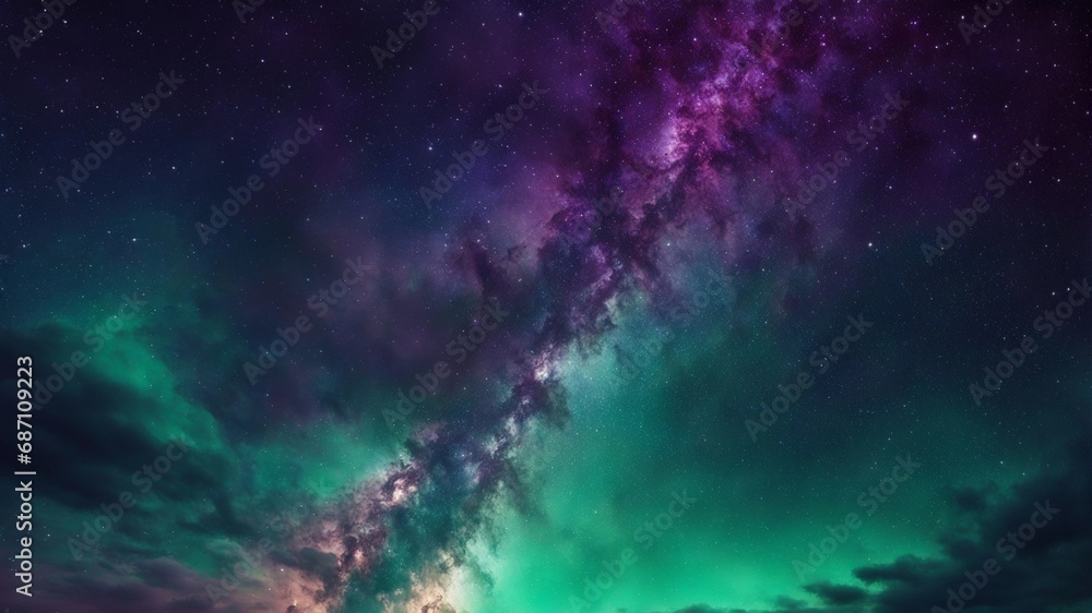Nocturnal green and purple sky full of stars , science nebula milky way  infinity earth solar 
