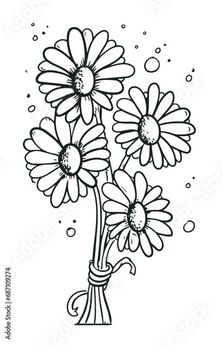 The beautiful bouquet of daisies could be a gift to brighten up someone  day. Simple Design Outline Style. You can give color you like. Vector Illustrations 