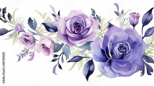 Floral bouquet with violet roses and green leaves. Watercolor flowers  design for wedding invitations and greeting cards