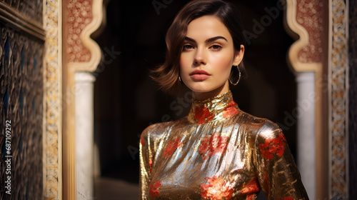 a spanish girl in her 20s, traditional, tight shiny metallic and floral dress