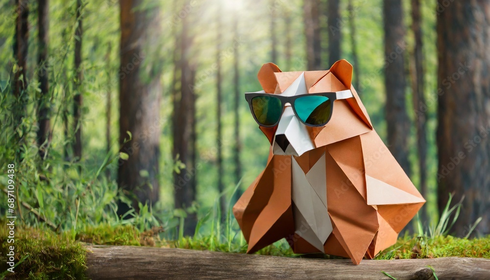 Cool Bear in the Woods: Stylish Sunglasses Adventure. Generative AI