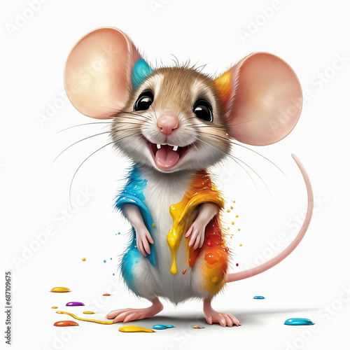 Smiling mouse in falling colors on a white background