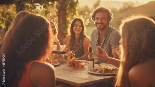 Friends Toasting Wine at Garden Dinner Party in Vineyards