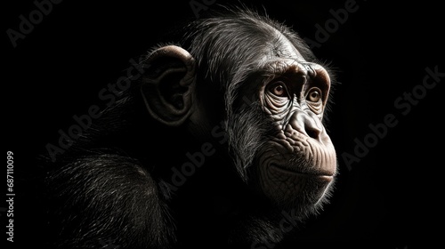 Chimpanzee. Close-up portrait of a wild ape in monochrome style. Illustration for cover, postcard, interior design, banner, brochure, etc..