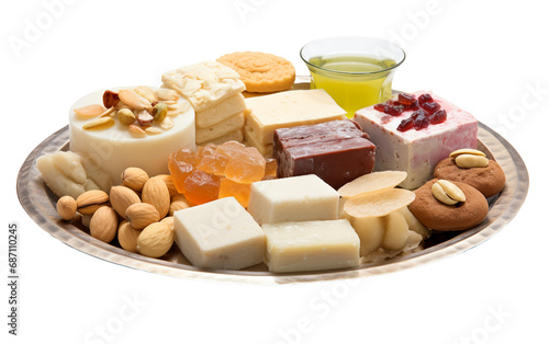 An Glossy Platter of Indian Mithai Isolated on Transparent Background PNG.