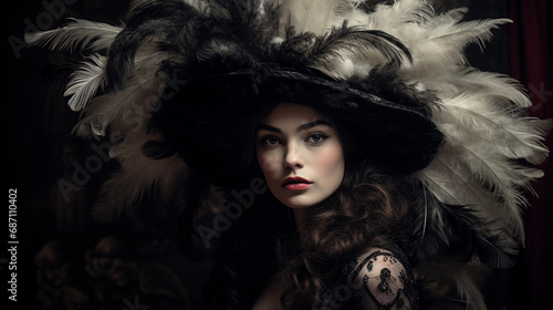 belle époque actress, feathered hat, dramatic makeup, expressive pose, spotlit against dark backdrop photo