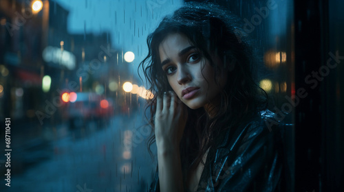 woman in a rain-soaked window, city lights blurred in the background