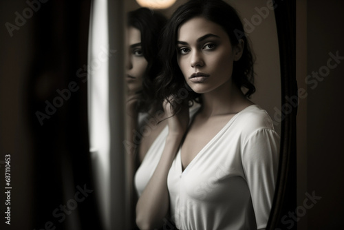 woman portrait, single subject looking into a foggy mirror, subtle expression