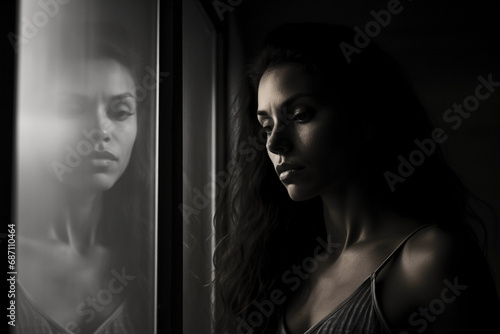 woman portrait, single subject looking into a foggy mirror, subtle expression