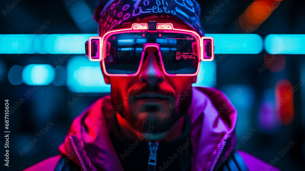 Futuristic self-portrait, cyberpunk themes, neon lighting, reflective accessories Futuristic self-portrait, cyberpunk themes, neon lighting, reflective accessories