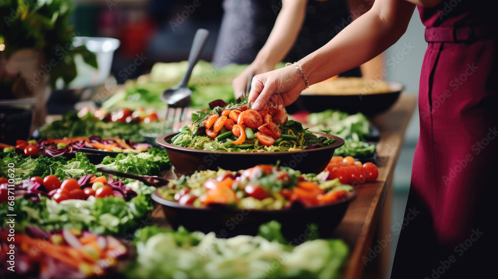 Fototapeta premium Culinary Delight at Restaurant Buffet with Group Dining Experience