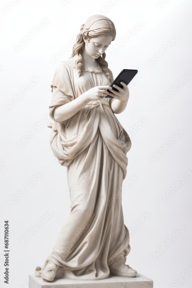 Antique statue or sculpture of a girl looking and holding a smartphone.