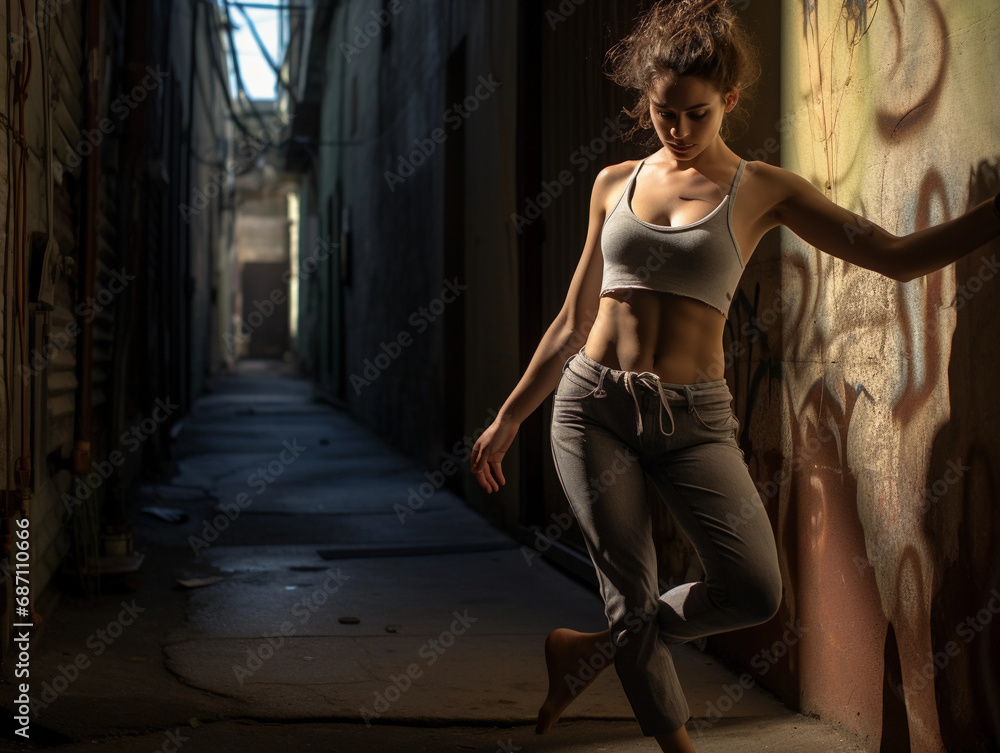 dancer stretching in an alleyway, contrast of grace and gritty walls dancer stretching in an alleyway, contrast of grace and gritty walls