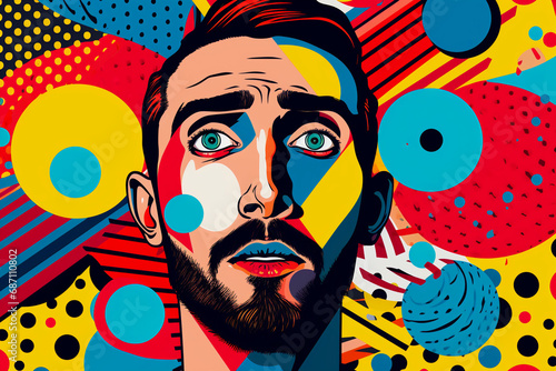 Pop art portrait with bright, saturated colors, comic book dot patterns, bold outlines, exaggerated expressions