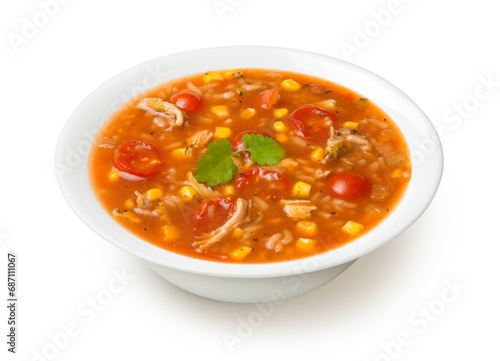 Easy Mexican chicken and rice soup in a white soup bowl isolated on a white background.