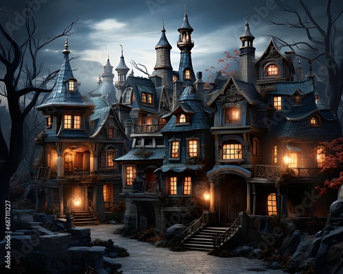 halloween scene with spooky haunted house at night 3d illustration