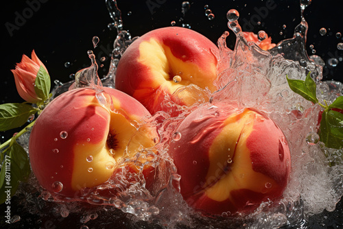 Peaches in splashes of water. Generative AI.