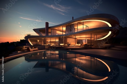 Modern building at night with reflection in water. 3d render. © A