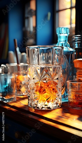 Cocktail glasses and bottles on a bar counter in a pub