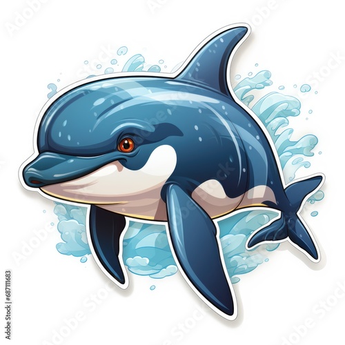 A cartoon dolphin swimming in the ocean.