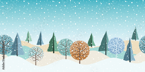 Winter landscape, cartoon nature, hills with forest and falling snow, seamless border, vector illustration	