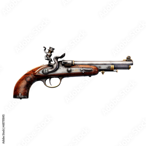 Antique firearms. Pistol with flintlock. Isolated on transparent background. 