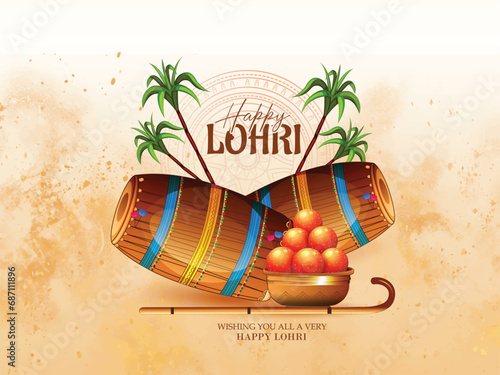 Punjabi festival of lohri celebration bonfire background with decorated drum.
